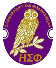 A symbol of an owl on a purple background with Greek writing on it