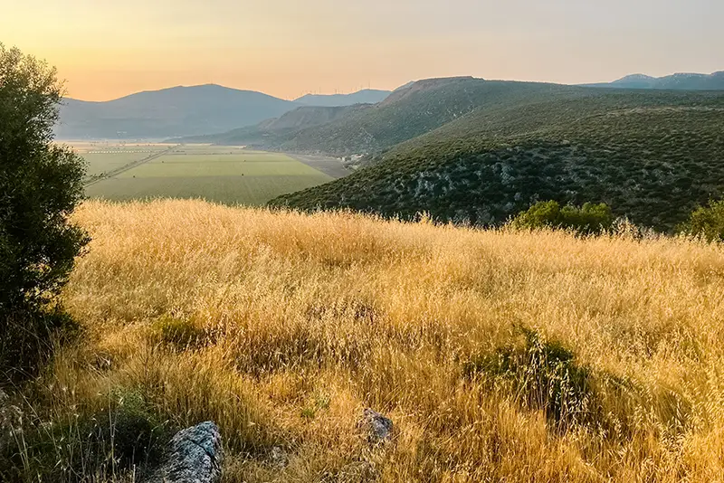 View of a peek in Greece with long grass in the foreground. 