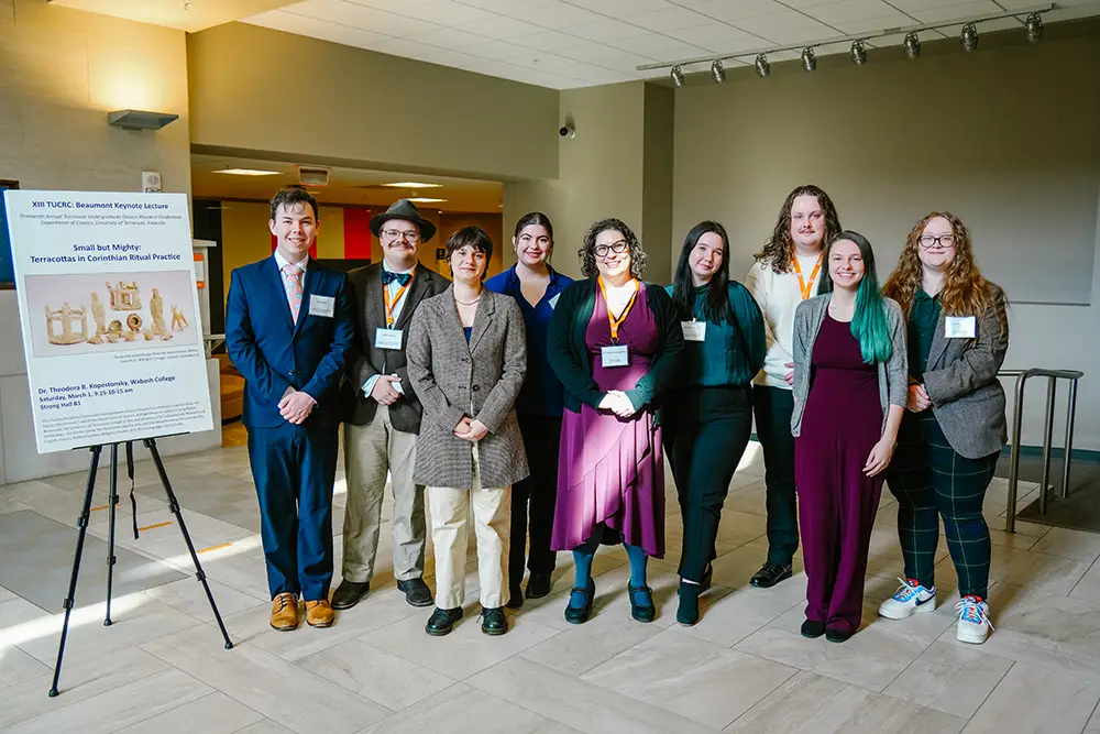 Assistant Professor Theodora B. Kopestonsky of Wabash College (center) delivered the keynote address at the 13th Annual Tennessee Undergraduate Classics Research Conference. The undergraduate Organizing Committee included, from left, Drew Piper, Ethan Peebles, Makenzie Pentz, Alexis Poulos, Natalie Newsome, Landon Bryan, Desirae Cordell, Cynthia Hazelton, and not pictured, Henry Greene.